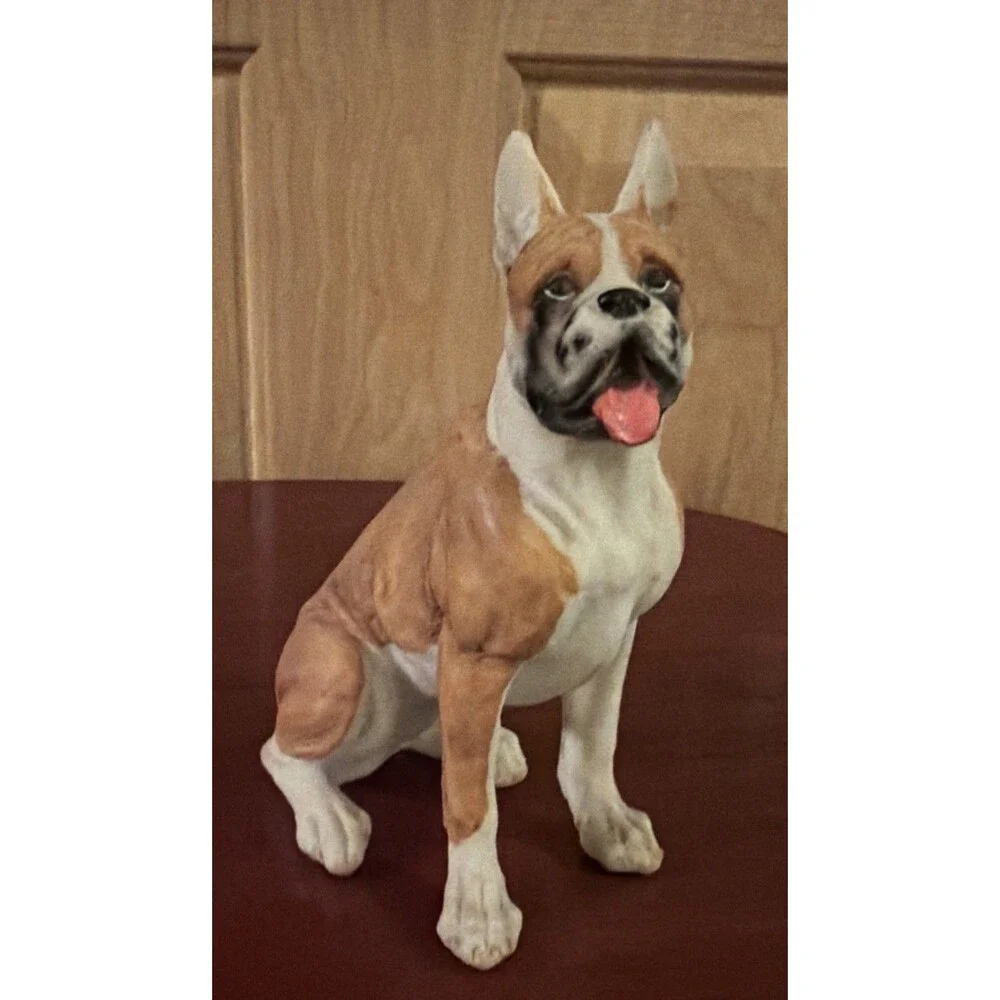 Sitting Fawn Boxer with Tongue Out Dog Pet Home Decoration Resin Figurine  8.25”